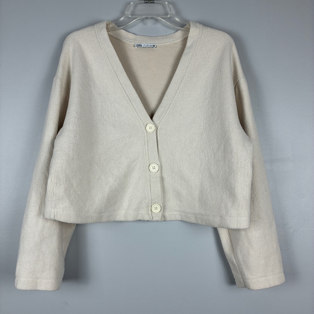 Zara‎ Womens Cropped Ribbed Cardigan Large Cream Button Front Cottagecore Boho